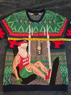 Blizzard Bay Ugly Christmas Sweater Mens L Muscle Santa Body Builder Cut-Off